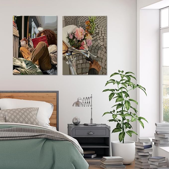 Modern African American Women Wall Art Set of 2,Cozy Reading & Bike Ride with Flowers Painting Canvas Prints,black woman Vintage Aesthetic Poster for Living Room, Bedroom, Office， Framed 12X16in