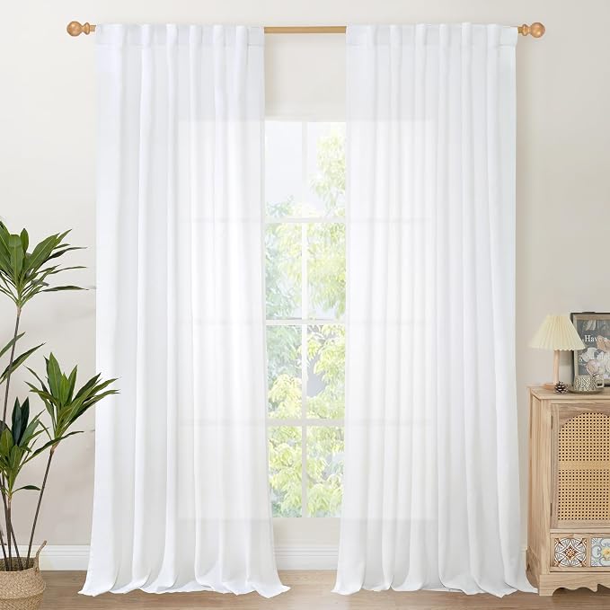 YoungsTex Extra Long White Linen Curtains 102 Inch Length for Living Room, Light Filtering Window Drapes with Rod Pocket Back Tab Semi Sheer Privacy for Bedroom, 2 Panels, 52 X 102 Inch