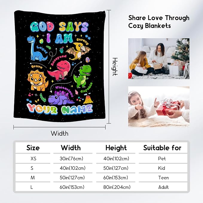 Personalized Dinosaur Blanket with Name, Dinosaur Gifts for Boys Toddler Child, God Says I Am Blanket for Kids, Inspirational Gifts for Son, Soft Kids Throw Blankets for Living Room, 60"x80"