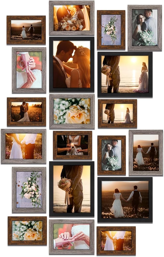 20 Pcs Gallery Wall Frames Set Rustic Picture Frames Collage Assorted Photo Wall Decor Pack for Hanging or Tabletop Display Multi Sizes with 8 x 10, 5 x 7, 4 x 6 (Stylish Color)
