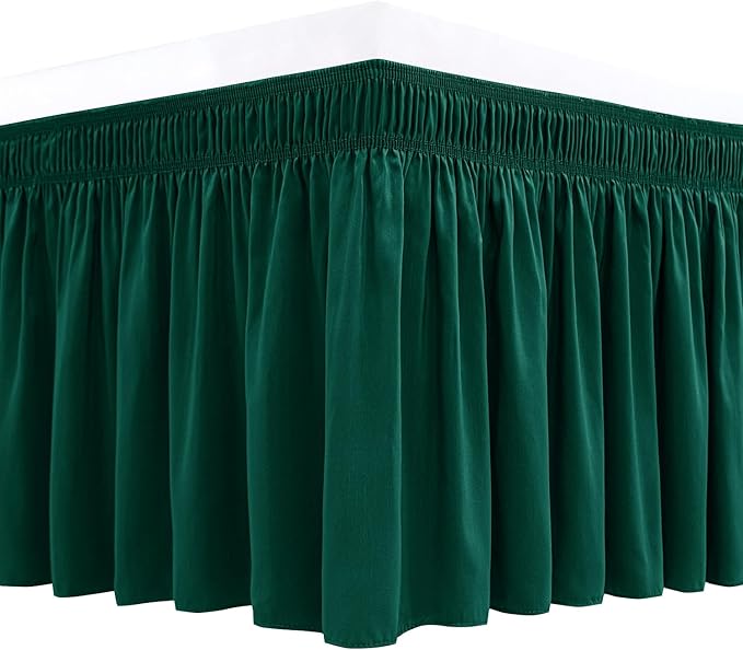 Wrap Around Queen Size Bed Skirt 15" Drop-Elastic Dust Ruffle Hunter Green | Adjustable Pleated Bedskirt-Easy Fit Wrinkle Resistant Washable Hotel Quality Fabric Bed Skirting-Master Guest Bedroom Rental