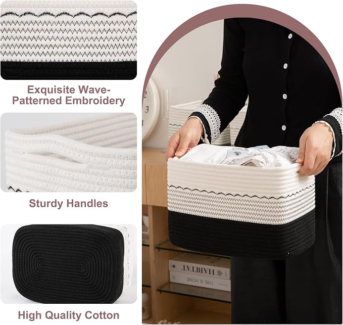 OIASKET 4 Pack Storage Baskets for Organizing, 13"X9"X7.87", Decorative Cotton Rope Baskets for Shelves, Small Woven Basket for Toys, Books and Towels, Black & White