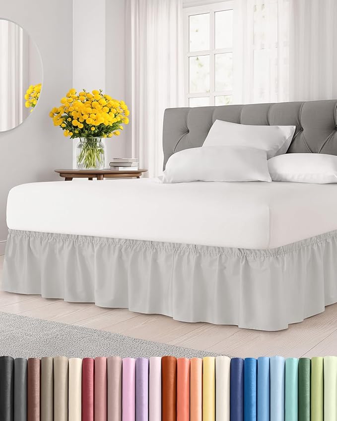 Wrap Around Dust Ruffle Bed Skirt, Queen Size - 12 Inch Drop, French Grey | Easy Fit Elastic Strap, Adjustable Pleated Bedskirt w/Brushed Fabric, Wrinkle & Fade Free, for Women, Men, Kids & Teens