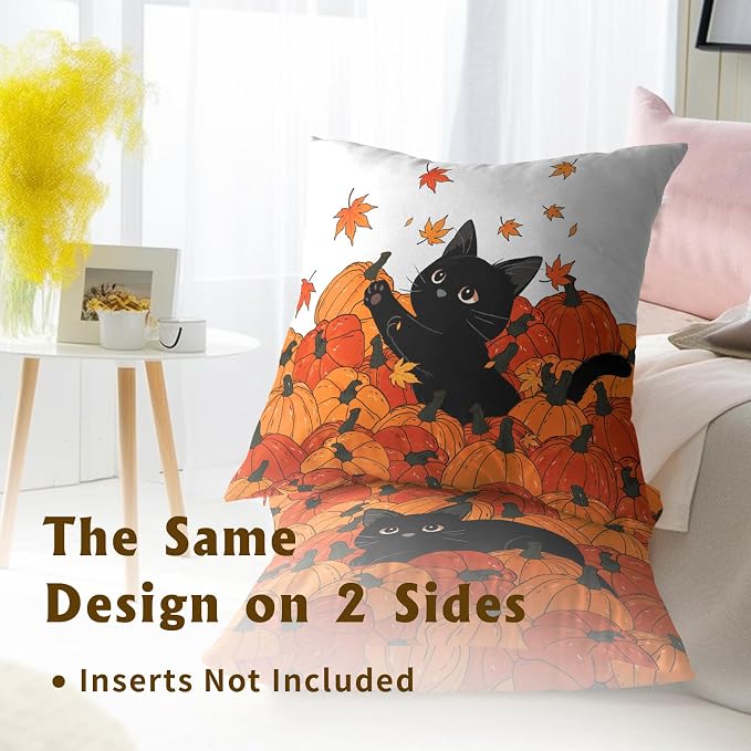 Fall Black Cat Throw Pillow Cover 20X20 Inch Set of 2 Autumn Pumpkins Maple Leaves Outdoor Pillow Cases Thanksgiving Harvest Farmhouse Square Cushion Cover for Sofa Porch Patio Home Decoration