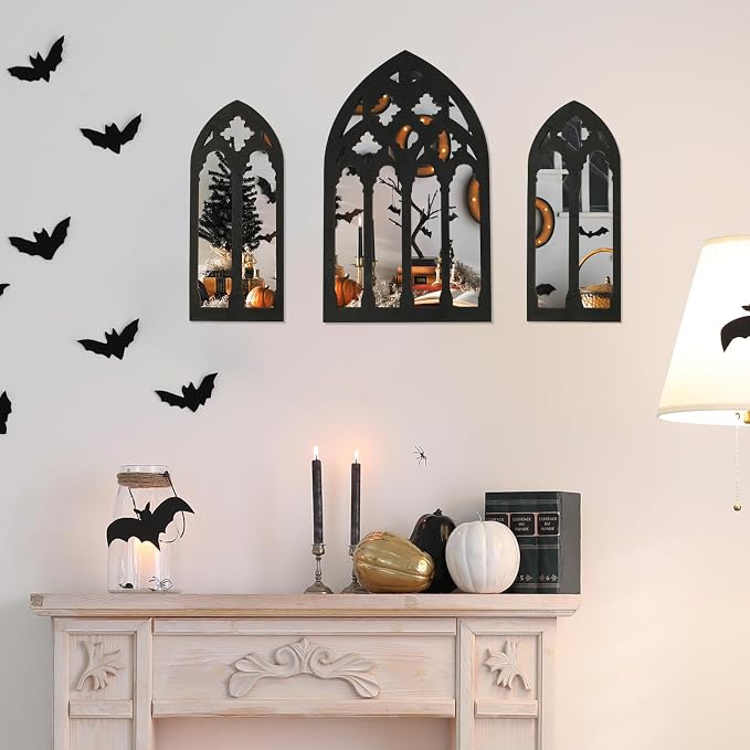 3 Pcs Arched Window Wall Mirror Set, Gothic Wall Mirror Decor, Cathedral Arched Mirror Decor, Self-Adhesive Arched Wall Mirror for Living Room Bedroom Bathroom Vanity Entryway(31-C Model)