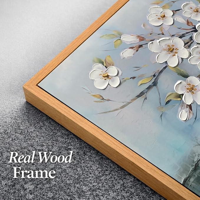 Anolyfi Framed Large Cherry Blossom Textured Flowers Wall Art for Living Room Canvas Painting, Modern Elegant Landscape Artwork for Bedroom Hallway Kitchen Office Home Decor, Wood Framed 40"x20"
