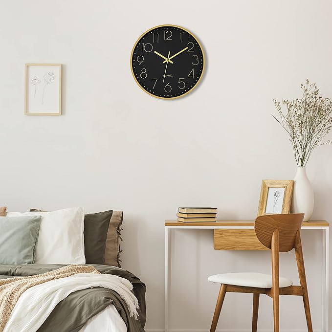 Foxtop 12" Black Gold Wall Clock Silent Battery Operated Modern Metal Clock | Non-Ticking, Round, Analog Clock, Quartz, Easy to Read, Living Room, Bedroom, Kitchen, Office