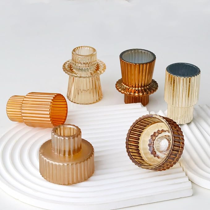 Gold Candlestick Holders 12PCS Ribbed Glass Taper Candle Holders Set for Tealight Candlestick Candles, Table Centerpieces for Thanksgiving Christmas Farmhouse Decor Indoor and Outdoor