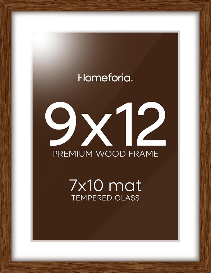 Homeforia 9x12 Brown Oak Picture Frame, High-End Wood, 7x10 Mat, Glass