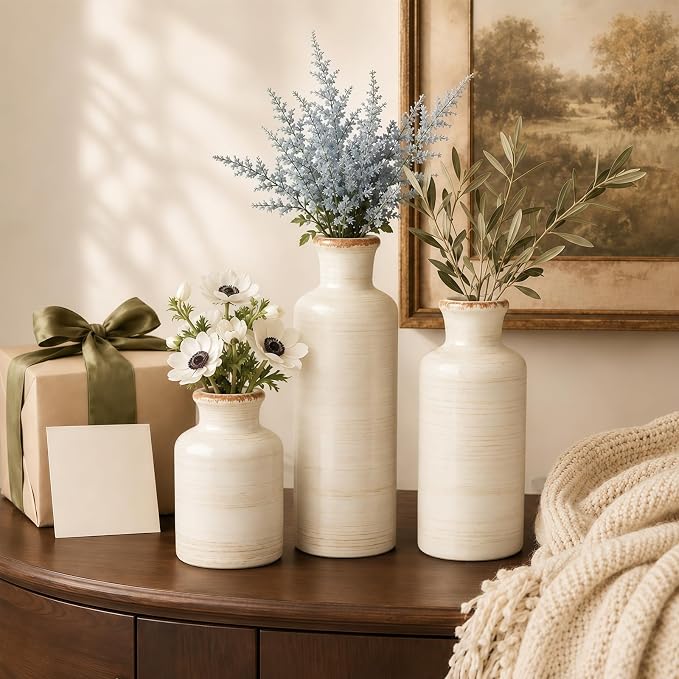 Ceramic Vases Set of 3, White Modern Rustic Home Decor Flower Vases | Farmhouse Ceramic Vases for Farmhouse, Horizontal Stripes Nordic Vases for Home Décor, Table Decor, Entryway, Shelf, Mantel