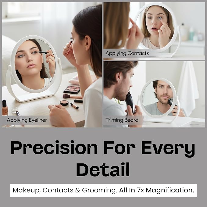 Danielle Creations Oval Soft Touch Vanity Mirror, White, 1X/7X Magnifying Makeup Mirror, Tabletop & Handheld Mirror with Stand, Portable Bathroom, Bedroom & Desk Mirror