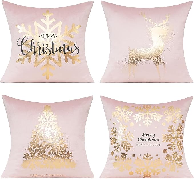 All Smiles Pink Gold Christmas Decorations Throw Pillow Covers Cases 20X16 Set of 4 Winter Xmas Indoor Home Holiday Décor Ornaments Velvet Navidad Cushion for Sofa Tree Snowflake Reindeer