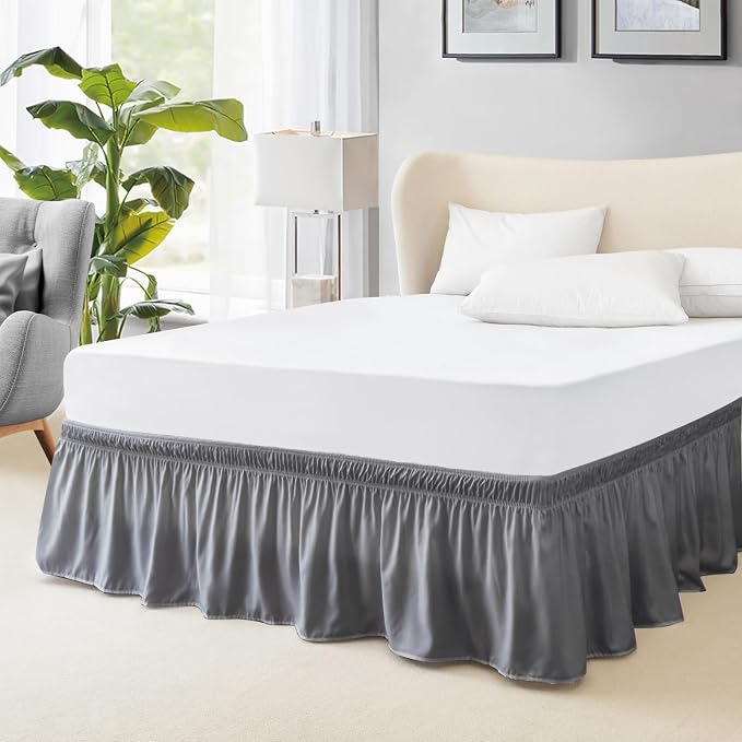 FreshCulture Elastic Wrap Around Bed Skirt - Easy Fit with 18-Inch Tailored Drop, Hotel Quality Dust Ruffle for Full Size Bed (Dark Grey)