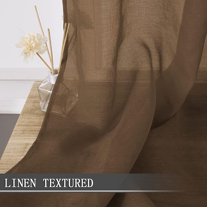 Tollpiz Short Sheer Curtain Linen Textured Bedroom Curtains Sheer Light Filtering Rod Pocket Voile Curtain for Living Room, 54 x 54 inches Long, Brown, Set of 2 Panels