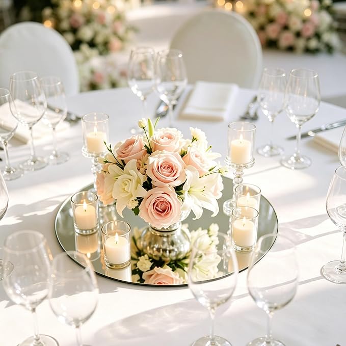 12 Pack Acrylic Round Mirrors Centerpiece for Table 8inch Circle Mirror Plate Candle Mirror Trays for Wedding Table Centerpieces Craft DIY Flowers Vase Decorations