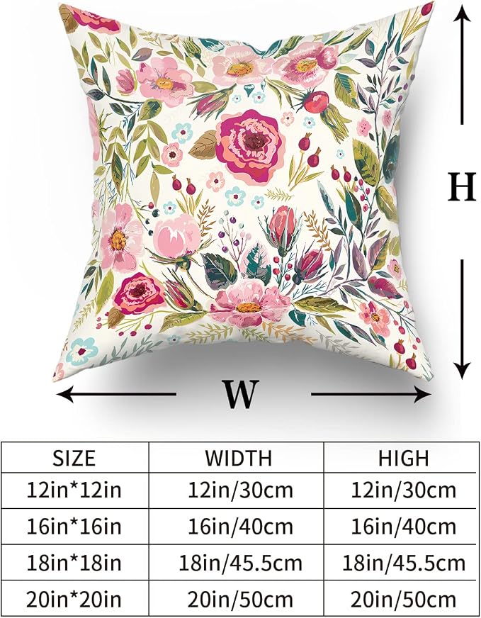 Spring Summer Flower Throw Pillow Covers 24x24 Inch Watercolor Peony Pillowcase Hot Pink Floral with Green Leaves Girly Decorative Square Cotton Cushion Cover Set of 2 for Home Garden Outdoor Bed
