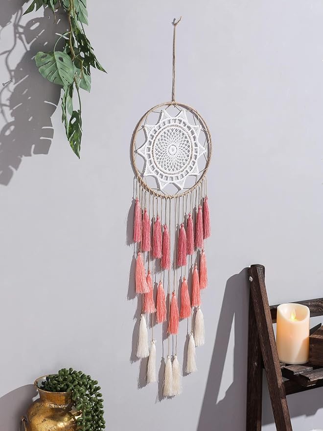 Artilady Macrame Dream Catcher Wall Hanging, Pink Large Boho Bedroom Decor