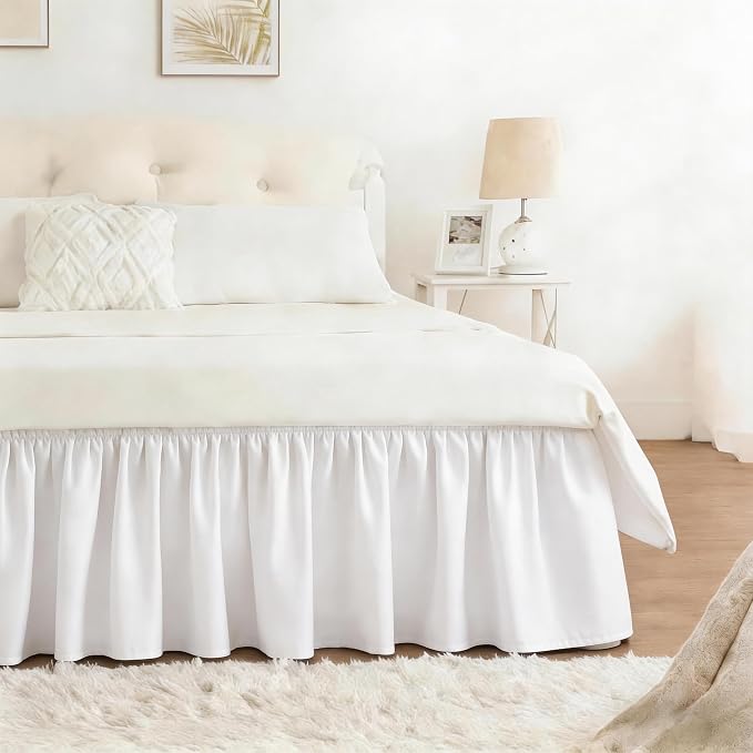 Warm White Bed Skirt Queen Size 25" Drop, Elastic Wrap Around Bedskirt | Solid Ruffled, Easy to Use, No Mattress Lifting, Wrinkle & Fade Resistant, with Adhesive Strips, Machine Wash/Dry/Iron