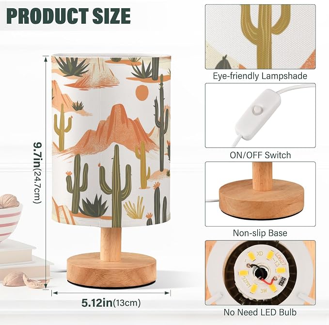 Bedside Table Lamp Western Desert Cactus Mountains Nightstand Lamp with Wood Desk Lamps for Bedroom Living Room Nursery Office Home Decor
