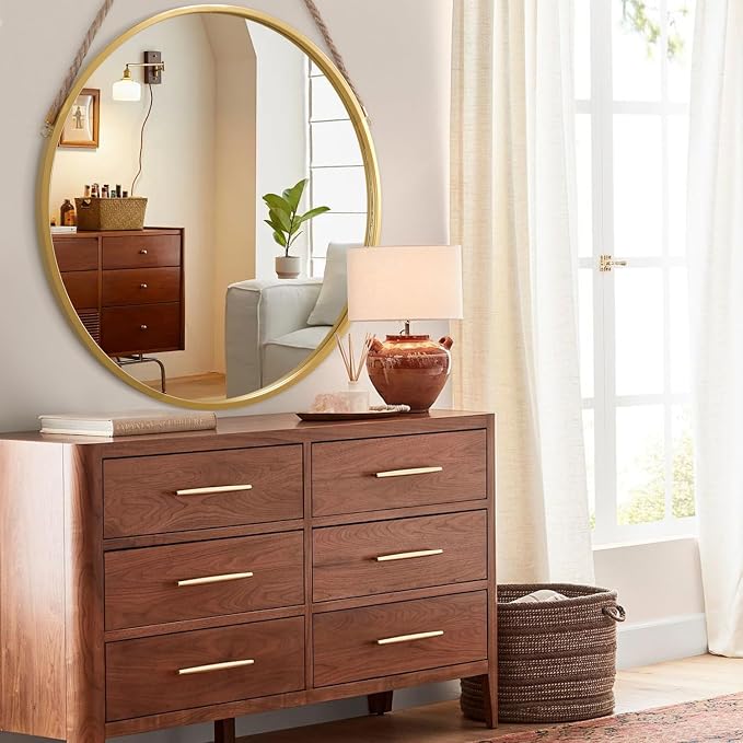 Hanging Circle Mirror Farmhouse Gold Round Hanging Wall Mirror Artistic with Rope for Bathroom Bedroom Vanity Living Room Entryway 28"