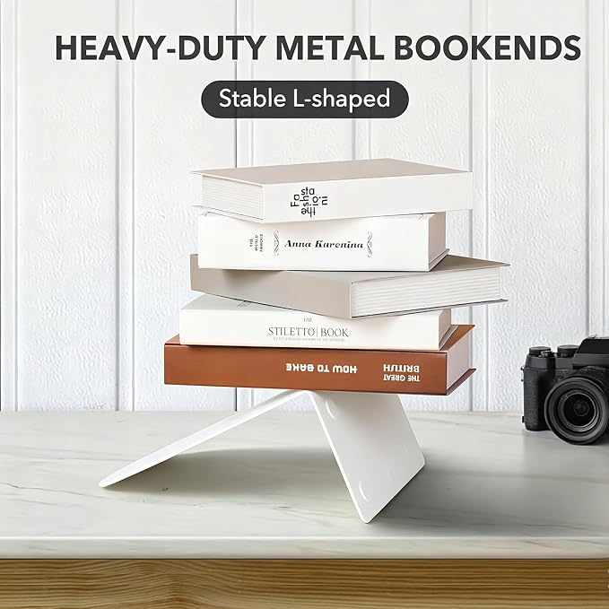 8 Pcs Metal Bookends - Book Ends for Shelves, White