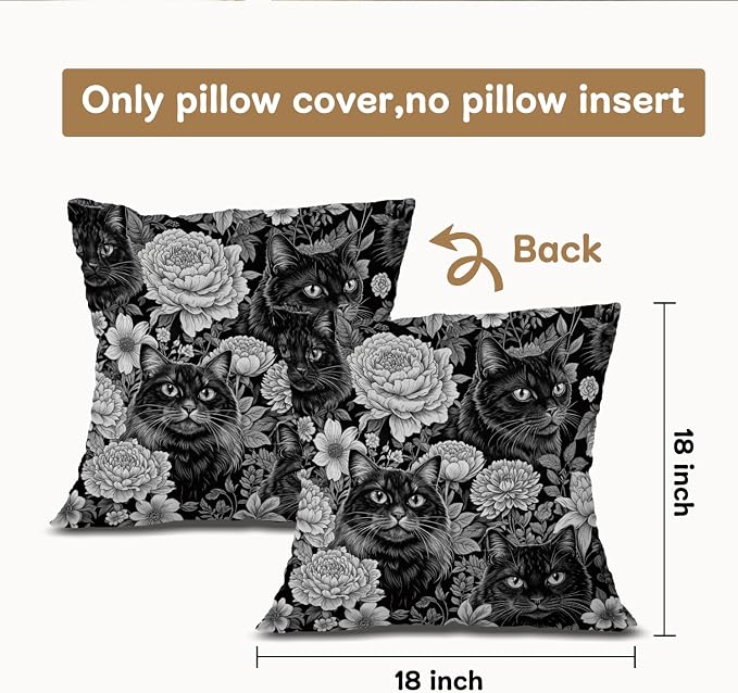 Vintage Black Cat Floral Pillow Covers 18x18, Floral Room Decor, Dark Cottagecore Wildflowers Moody Cat Decorative Throw Pillow Covers Pillowcases for Bedroom Living Room Home Decor