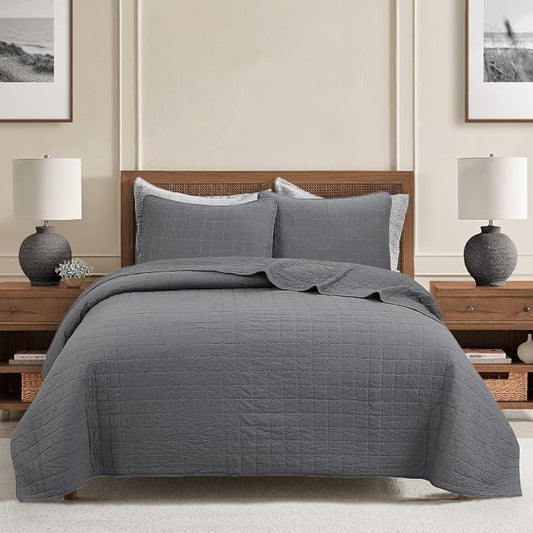 Cozy Line Home Fashions 100% Cotton Quilt Set – 3-Piece Charcoal Gray Solid Classic Modern Geometric Quilted Bedspread with Shams, Lightweight All Season Modern Bedding (Box Gray, Queen)