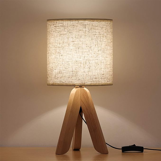 HAITRAL Small Bedside Table Lamp - Wooden Tripod Nightstand Lamp