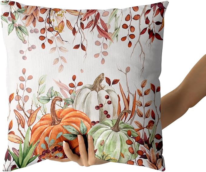 Giwawa Fall Pillow Covers Set of 2 18x18 Inch Orange Green Pumpkins Autumn Leaves Thanksgiving Cushion Covers Farmhouse Decorative Double Sided Throw Pillowcases for Indoor Outdoor Holiday