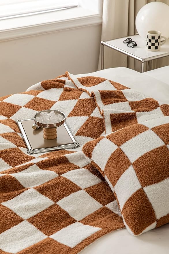 Ultra-Soft Buffalo Checkerboard Grid Fluffy Microfiber Knitted Throw Blanket Super Cozy Lightweight Checkered Bed Blanket for Sofa Couch Bed Khaki 51"X63"