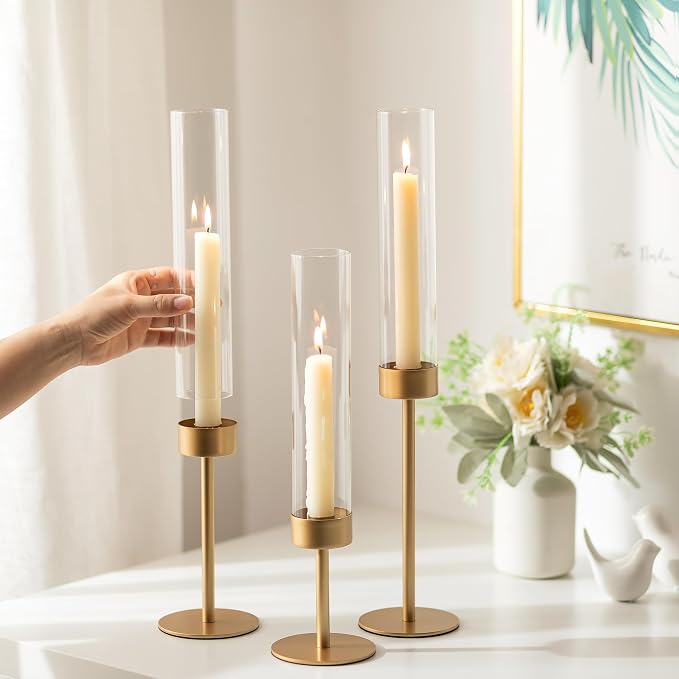 Romadedi Glass Hurricane Candle Holders for Candlestick, Gold, Set of 3