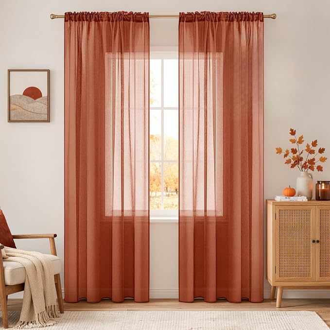 MIULEE Boho Fall Terracotta Linen Textured Sheer Curtains 54W×108L 2 Panels | Semi Transparent, Farmhouse, Window Net Panels with Rod Pocket for Bedroom Living Room