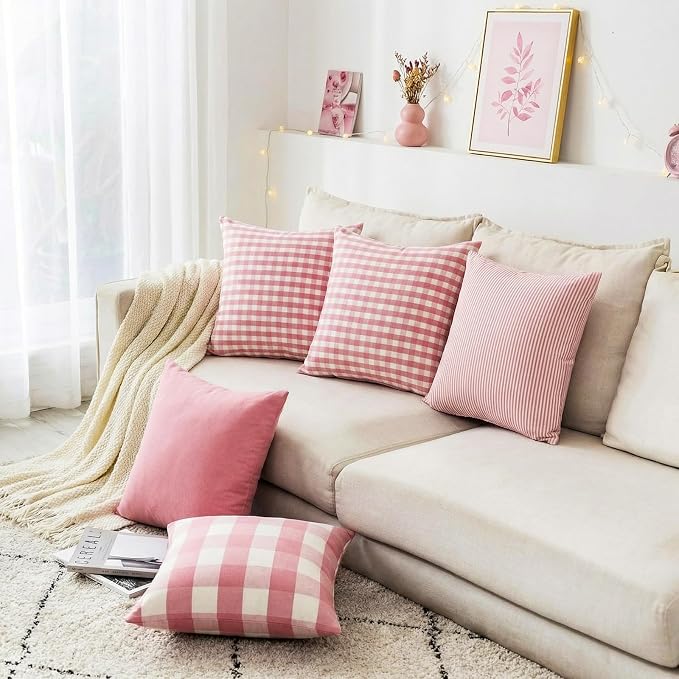 Cute Light Pink and White Buffalo Check Plaid Pillow Covers 18x18 Set of 2 | Light Pink Outdoor Throw Pillows 18 x 18, Cute Girly Pink Room Decor, Soft and Durable Textured Pillow Covers for Couch Bed