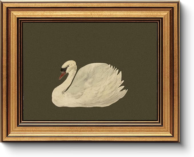WHASAYART Gold Framed Vintage Wall Art for Living Room, Animals Painting Prints Shelf Decor for Kitchen, Aesthetic Bedroom Wall Art, Best Gifts for Friends or Family - Swan Green 10L x 8W
