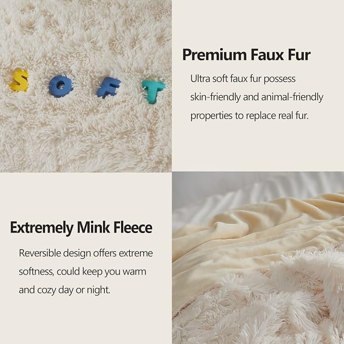 GONAAP Fuzzy Faux Fur Throw Blanket for Couch, Ivory, 40"x50" | Warm Cozy Plush Shaggy Decorative Reversible Thick Non-Heated Fleece Blanket for Sofa Bed, Gift for Women Men, All Season Use