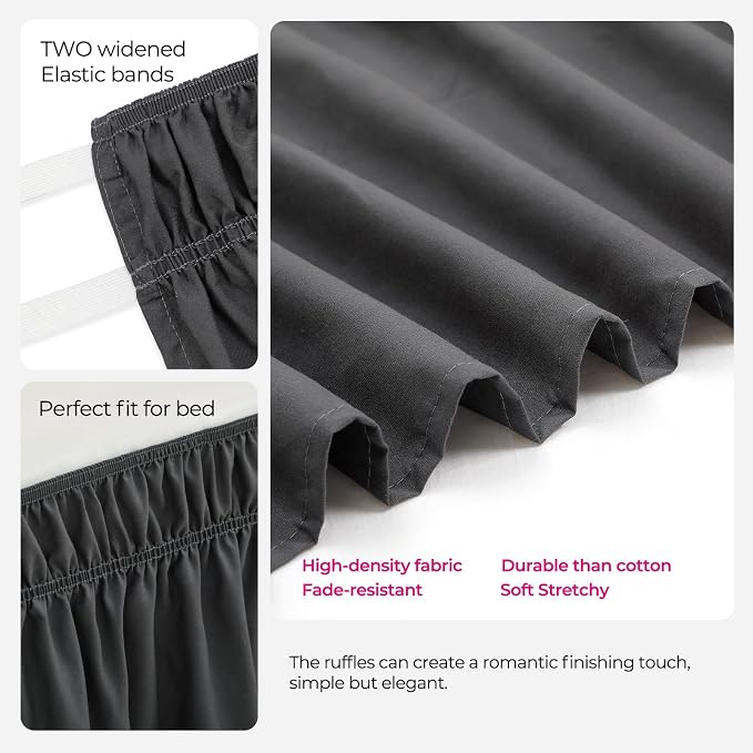 Dorm Bed Skirt Twin XL 32" Drop, College Dorm Room Essentials, Dark Grey | Solid ruffled, Wrap-around/elastic, Wrinkle & Fade resistant, with Adhesive Strips, Gift Packed, Machine Wash/Tumble Dry/Iron