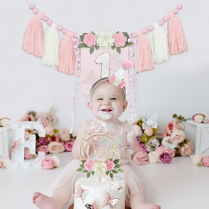 JUIIZAY Pink Flower First Birthday Party Decorations for Girl Butterfly Highchair Banner Hat One Floarl Cake Topper 1st Party Decor