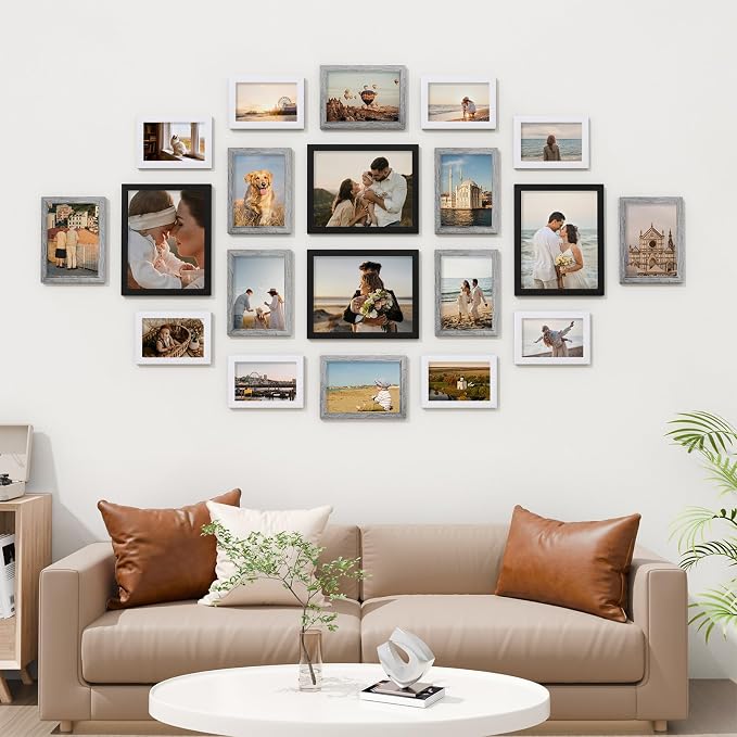 Vittanly 20 Pack Picture Frames Collage Wall Decor, Black, Grey, White | Gallery Wall Frame Set for Wall or Tabletop Display, Multi Sizes Picture Frame Set: 4pcs 8x10, 8pcs 5x7, 8pcs 4x6, MDF Wood