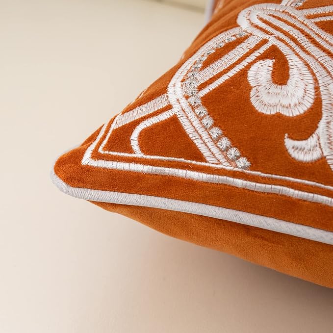 Aeckself European Luxury Velvet Lumbar Throw Pillow Cover 12 x 20 Inch, Embroidery Floral Pillow Cover Home Decor Oblong Pillowcase for Couch Bedroom Living Room, Burnt Orange and White