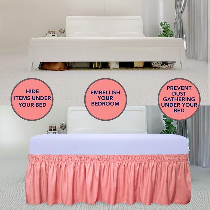 PureFit Wrap Around Ruffled Bed Skirt, Pink, Queen/King - 14" Drop | Wrinkle Free Bedskirt Dust Ruffles, Easy to Put On Frame Cover with Adjustable Elastic Belt
