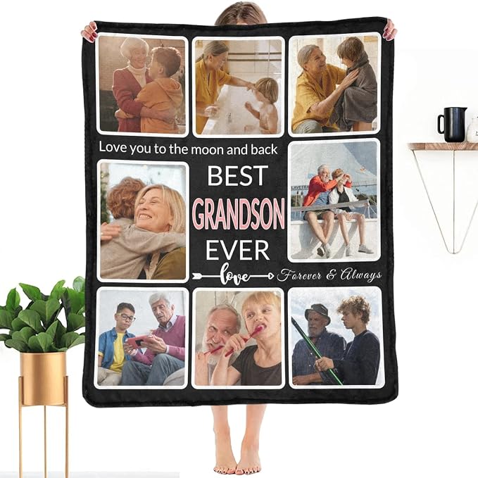 Gifts for Grandson Customized Blanket with Photo, Make a Personalized Blankets with Picture Custom Memories Souvenir Sublimation Throw Blanket for Best Grandson Ever, 8 Collage Made in USA