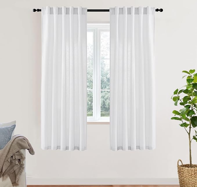 White Sheer Curtains 72 Inches Long for Living Room Bedroom,Linen Cotton Textured Back Tab Hooks Pleat Semi Privacy Light Filtering Sidelight French Door Curtain Drapes 72 In Length 2 Panels Set