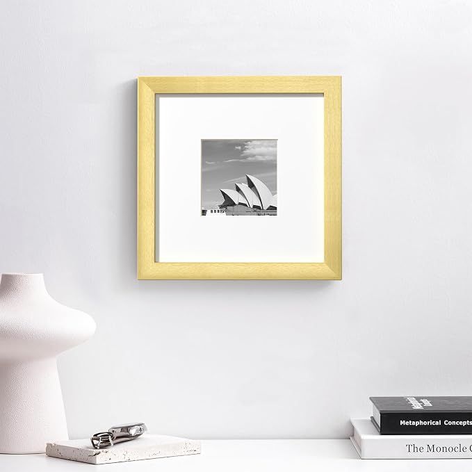 eletecpro Picture Frames Set of 9, 8x8 in, Acrylic Cover, Gold | Display Photo 4x4 with Mat or 8x8 without, Square Gallery Collage, Wall Mount, Minimalist Home Decor, Engineered Wood