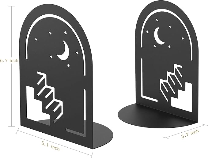 QiMing Stars Moon Ladder Bookends for Books,1 Pair Metal Dream Book Holders for Office Shelves Adults Gift(Black)