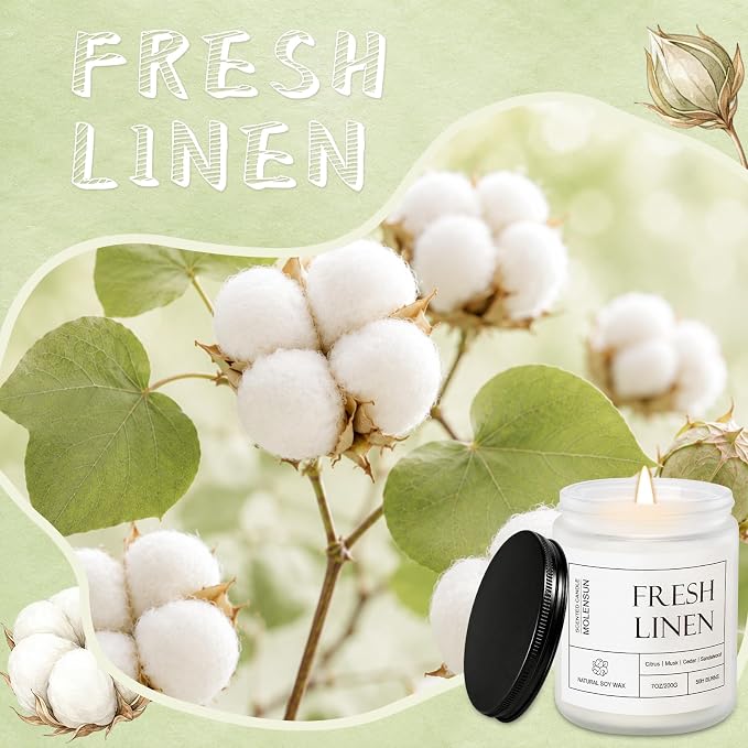 Molensun Fresh Linen Scented Candle, 7 oz Soy Wax Candle