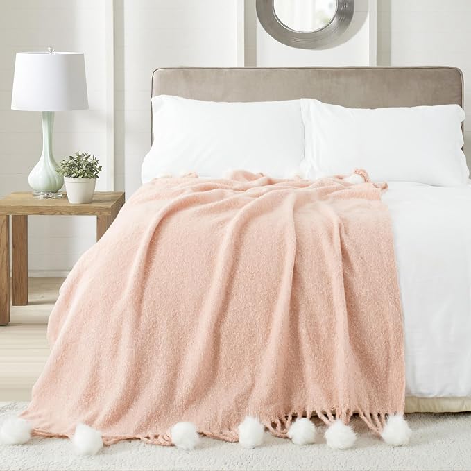 Pink Pom Pom Throw Blanket for Couch, 50"X60" Soft Lightweight Knitted Farmhouse Decorative Blankets for Bed and Sofa