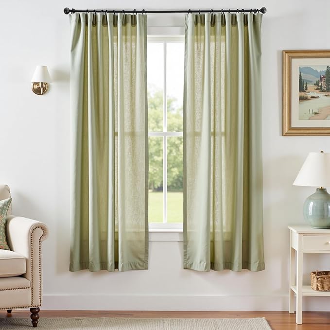 jinchan Linen Curtains Light Filtering Back Tab 50x72 Inch 2 Panels Green | Semi Sheer Curtains 72 inch length for Bedroom Living Room, Modern Farmhouse Drapes with Rod Pocket, Natural Boho Curtains