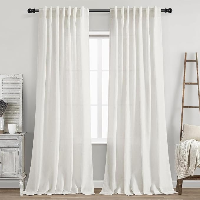 Beige White Linen Curtains for Living Room 86 Inches Long Back Tab and Rod Pocket Light Filtering Semi Sheer Curtain Rustic Farmhouse Decor Luxury Drapes for Bedroom Office 52x86, 2 Panels