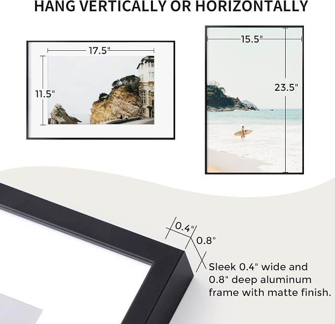 Fun Memories 16x24 Frame Black, 16 x 24 Poster Frame with Mat for 12x18 Photo-Tempered Glass, Wall Hook Included, Set of 1