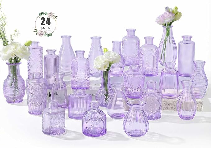 BEAHOT 24 Pack Purple Flower Vase in Bulk,Mini Vintage Glass Bud Vases for Centerpieces,Wedding Decor,Party & Home Decaration,Mother's Day (Purple)